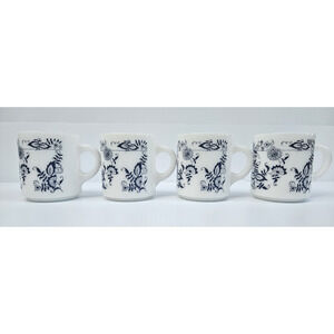 Glasbake Blue Onion Floral Milk Glass Mug Cup 3.5" - Set of 4 D Handle